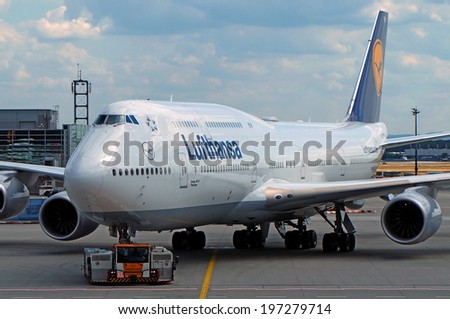 FRANKFURT - August 18: Lufthansa Boeing 747-8 Intercontinental pushed back for departure at Frankfurt international airport on August 18, 2013. Lufthansa is the launch customer of B747-8I.
