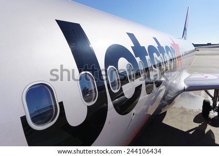 Narita, Japan - January 13: The logo of Jetstar A320 at Narita Airport on January 13, 2014. Jet Star is an emerging low cost airline in Japan.