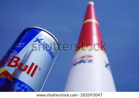 Chiba, Japan- 17 May, 2015: A can of Red Bull energy drink and air gate at Red Bull Air Race World Championship in Chiba, Japan on 17 May,2015.