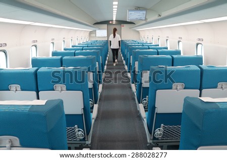 Yamanashi, Japan - June 12: Linear motor high speed train's cabin in Yamanashi test line in Japan, June 12, 2015. JR Tokai is planning to build commercial line from Tokyo to Nagoya by 2027.