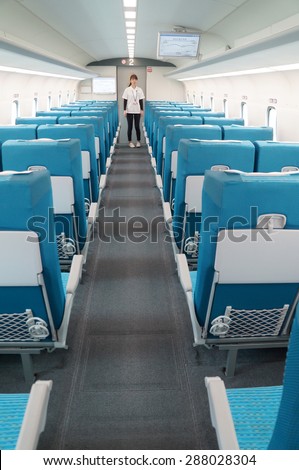 Yamanashi, Japan - June 12: Linear motor high speed train\'s cabin in Yamanashi test line in Japan, June 12, 2015. JR Tokai is planning to build commercial line from Tokyo to Nagoya by 2027.