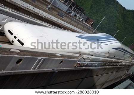 Yamanashi, Japan - June 12: Linear motor high speed train maglev L-0 in Yamanashi test line in Japan, June 12, 2015. JR Tokai is planning to build commercial line from Tokyo to Nagoya by 2027.