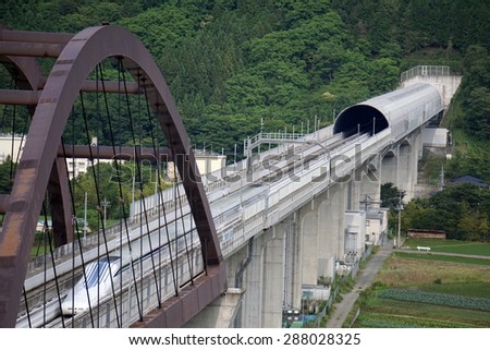 Yamanashi, Japan - June 12: Linear motor high speed train maglev L-0 in Yamanashi test line in Japan, June 12, 2015. JR Tokai is planning to build commercial line from Tokyo to Nagoya by 2027.