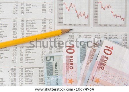 Money against background of falling stock figures; pencil ready to calculate loss
