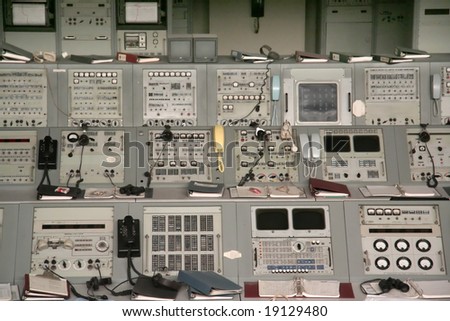 Apollo 1960s mission control equipment on display in Kennedy Space Center