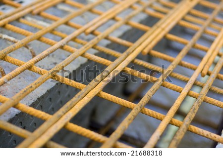 Steel rods ready to reinforce concrete bridge surface (before pouring concrete)