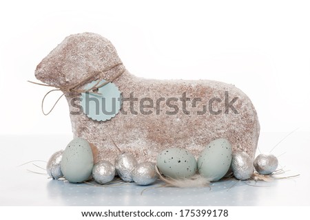 easter lamb cake with decoration on white background