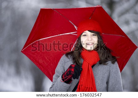 A lady with a red hat and red scarf holding a red umbrella.