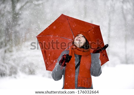 A woman with a red scarf holding a red umbrella looking at the snow.