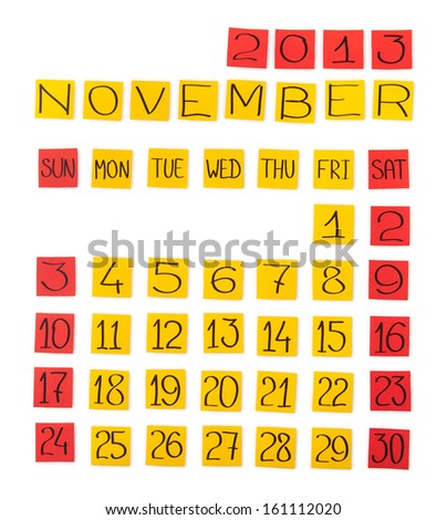 Calendar: November 2013. Pieces of colored paper. Clipping path included.