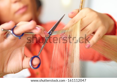 Hair salon. Women`s haircut. Cutting.