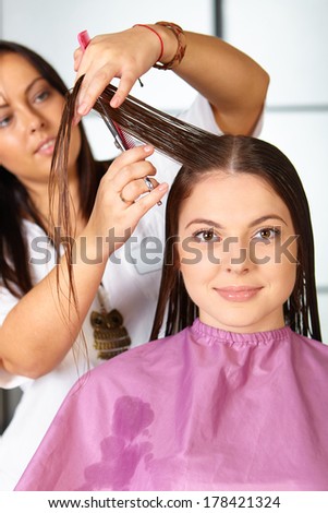 Hair salon. Woman haircut. Cutting.