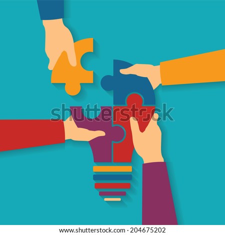 Vector concept of creative teamwork with light bulb puzzle and human hands