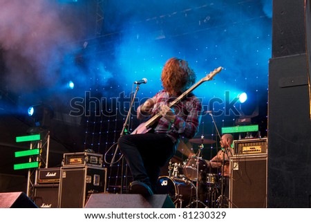 SALACGRIVA, LATVIA - JULY 15: Group PULLED APART BY HORSES performs on Cesu Alus stage at Positivus Festival 2011 July 15, 2011 in Salacgriva, Latvia
