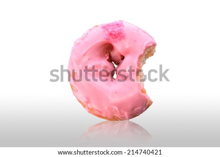 Pink Donut with Bite Missing on  White Background