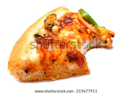 Slice of pizza with a missing bite over white