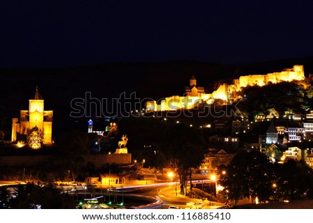 Night view of Tbilisi Old town with ancient churches, castle and president palace