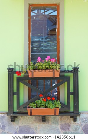 Window with flower pot and bright flowers