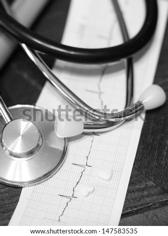 Cardiogram pulse trace and a stethoscope