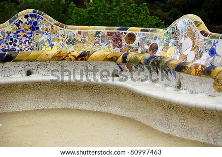 ceramic mosaic bench in park guell in barcelona, spain