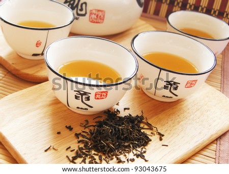 Closeup of set of China tea on bamboo mat