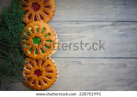 Christmas time decoration, cookies, cinnamon, anise star, lamp and letter to Santa