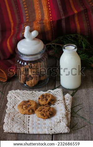 Old-styled bottle with milk and cookies with Good morning note