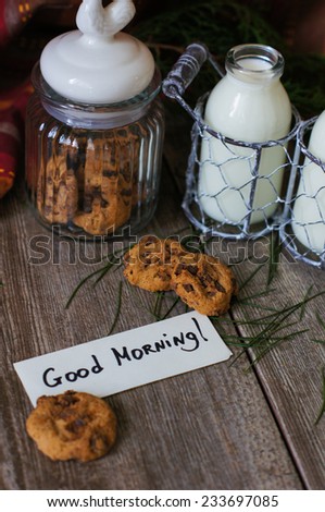 Old-styled bottle with milk and cookies with Good morning note