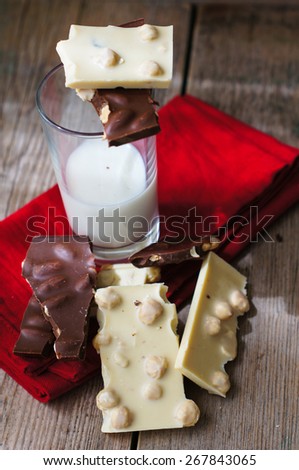 Glass of milk and bars of two types of chocolate