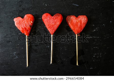 Watermelon Pops. Watermelon slices cut into heart shape pieces.