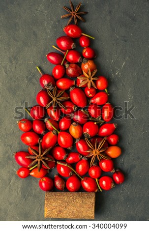 Christmas tree with ripe rose hips and spices like anise star and cinnamon stick on the rustic background