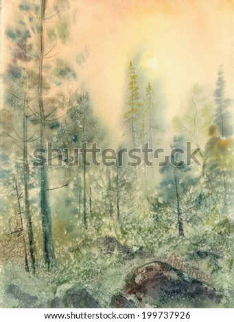 Watercolor landscape sketch: Lapland misty dawn