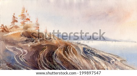 Watercolor landscape sketch: granite coast of the White Sea