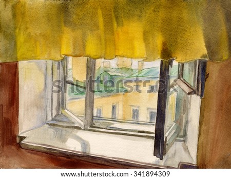Watercolor sketch: view of the city outside the window