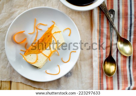 Sweet creamy pudding with cottage cheese, pumpkin souffle and pieces of raw pumpkin