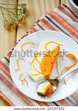 Sweet creamy pudding with cottage cheese, pumpkin souffle and pieces of raw pumpkin