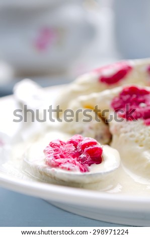 Homemade raspberry ice-cream dessert semifreddo, italian cuisine. Selective focus