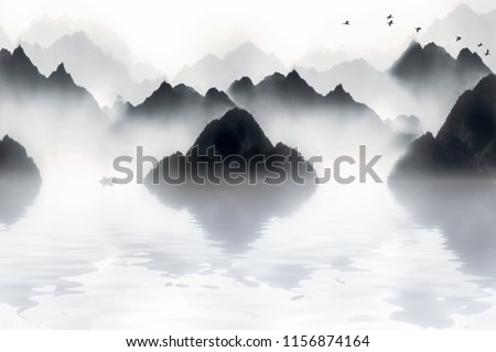 The mountains in the morning fog, the Chinese painting style of ink and wash landscape.