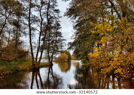 Colorful view of a by trees surrounded river  in autumn
