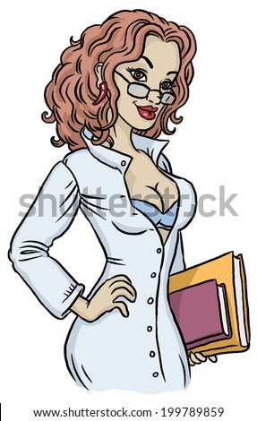 Attractive female doctor with glasses holding a book. A series of cartoon  characters. - Stock Image - Everypixel