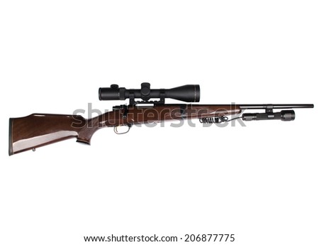 Studio shot of hunting scoped rifle. 2.5-10 x 50 optic and caliber 22-250. Isolated on white.