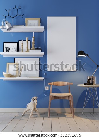 Poster on the wall and interior. Blue wall. 3D rendering