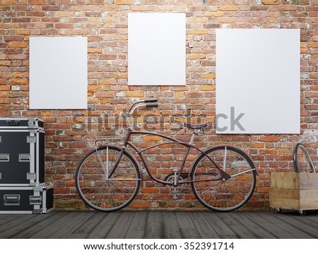 mock up poster and canvas in vintage hipster loft exterior background with bicycle, 3D render
