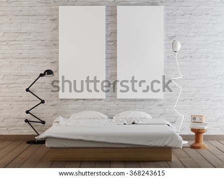 mock up blank poster on the wall of bedroom background. 3D render