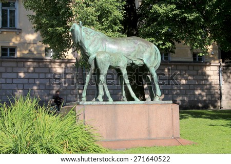 FINLAND, HELSINKI / JULY 10 / 2014 - Two horses sculpture in park of Helsinki.