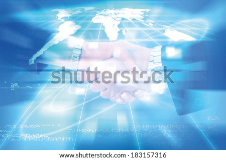world of connections technology and communication, business handshake between man and woman colleagues