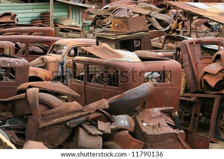 stock photo Junk Yard of Vintage Cars