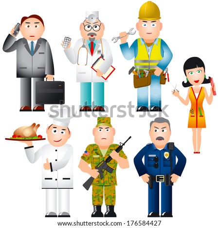 Set of people of different professions (occupations); Businessman, doctor, worker, cook, police officer, soldier and hairdresser