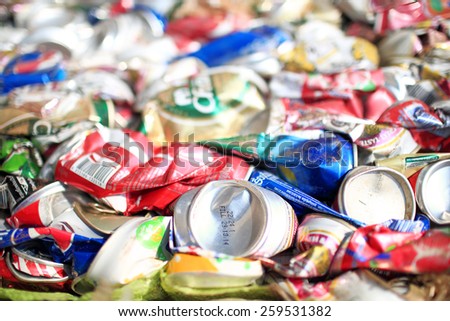 Suratthani,Thailand,February 2,2015:Aluminium cans pressed  and packed for recycling .