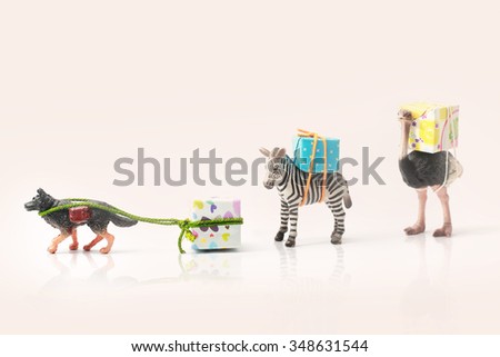 Animals(miniature) carrying gift boxes.New year and Vintage back